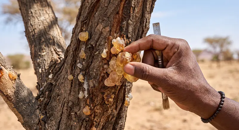 Récolte des larmes de gomme sur l'acacia